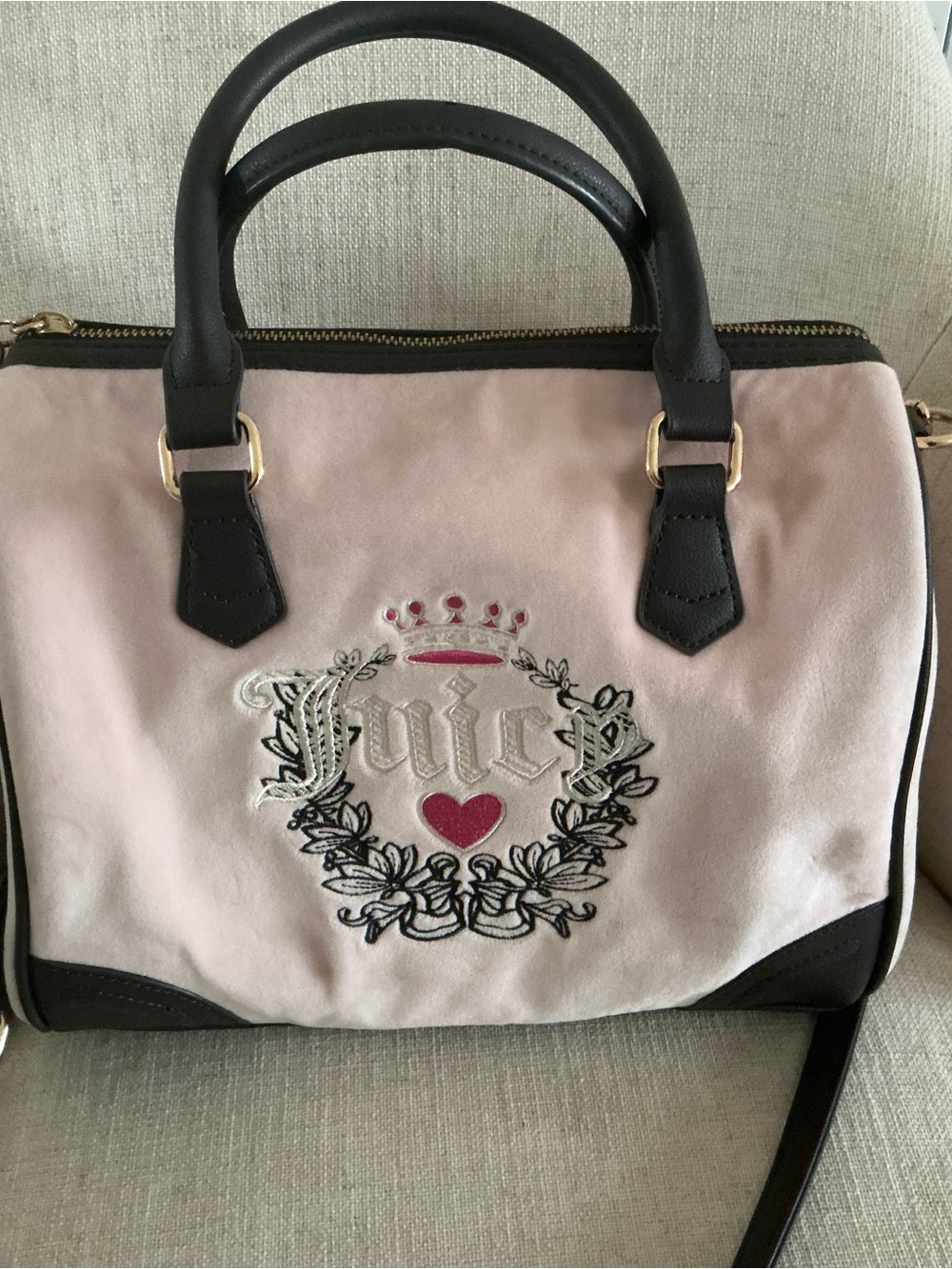 Juicy Couture Urban Heritage Bowler Pink and Black Velvet Satchel Handbag